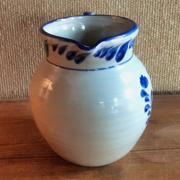 Blue Floral Bird Motif Stoneware Pitcher Vase, Ceramic Decor, Nature Inspired - Picture 4 of 7